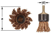 A knot wire end brush shown in two perspectives: a front view (left) where the twisted wire knots form a circular pattern, and a side view (right) illustrating the cylindrical shape with an attached cup with shank. Dimensions labeled 'a' for height and 'd